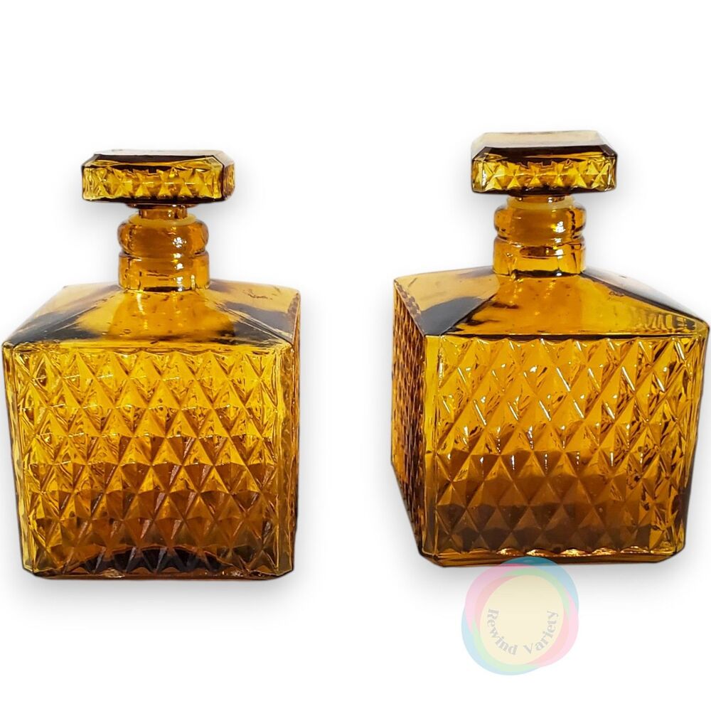 Vintage Mid Century Amber Glass Diamond Decanter Set Taiwan